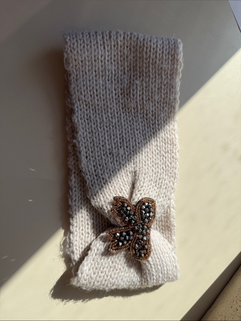 Cream Knit Headband with Beaded Butterfly Accent